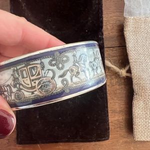 Auth HERMES Enamel Cuff Silver Bracelet Emailles Horse and Carriage Bangle